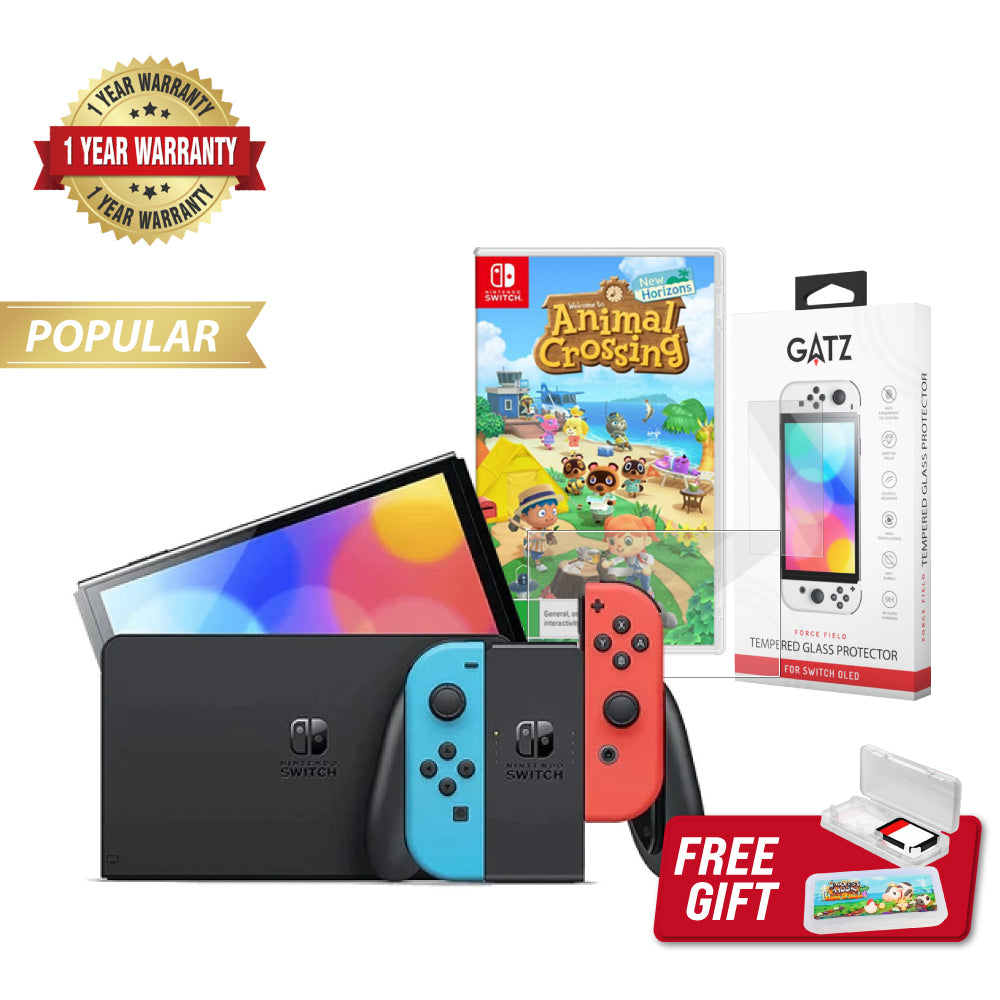 Nintendo Switch OLED Console (Neon) + 1 Game + Screen Protector Bundle