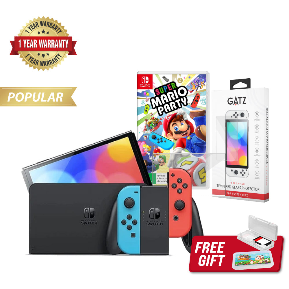 Nintendo Switch OLED Console (Neon) + 1 Game + Screen Protector Bundle