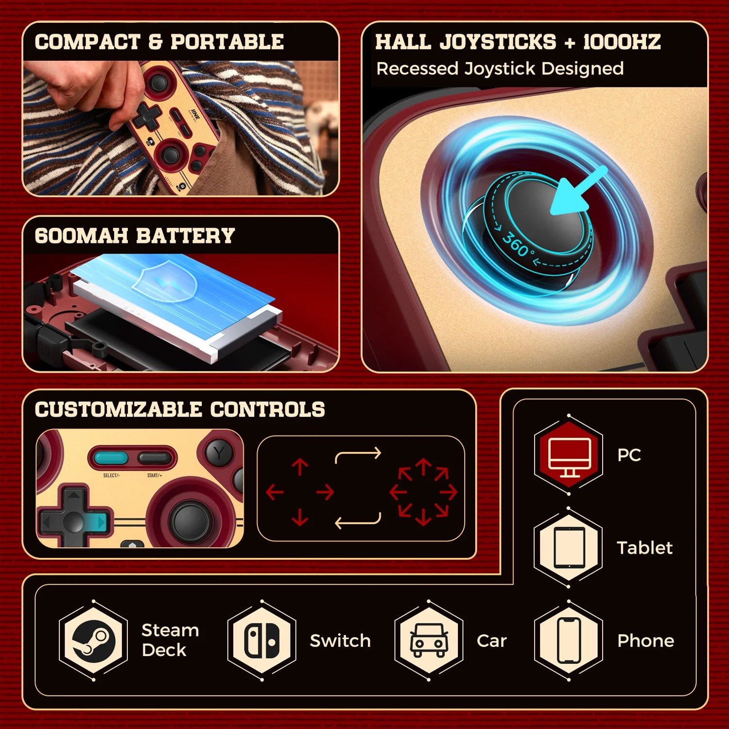 IINE Retro Red Pocket Game Controller for Nintendo Switch 2