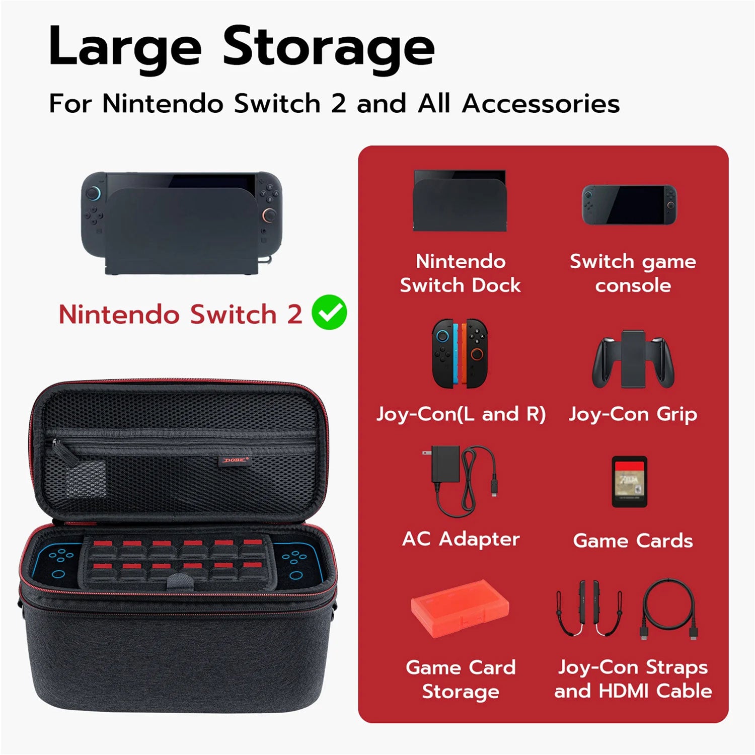 DOBE Travel Storage Case Exrtra Large Black with Game Card Box for Nintendo Switch 2