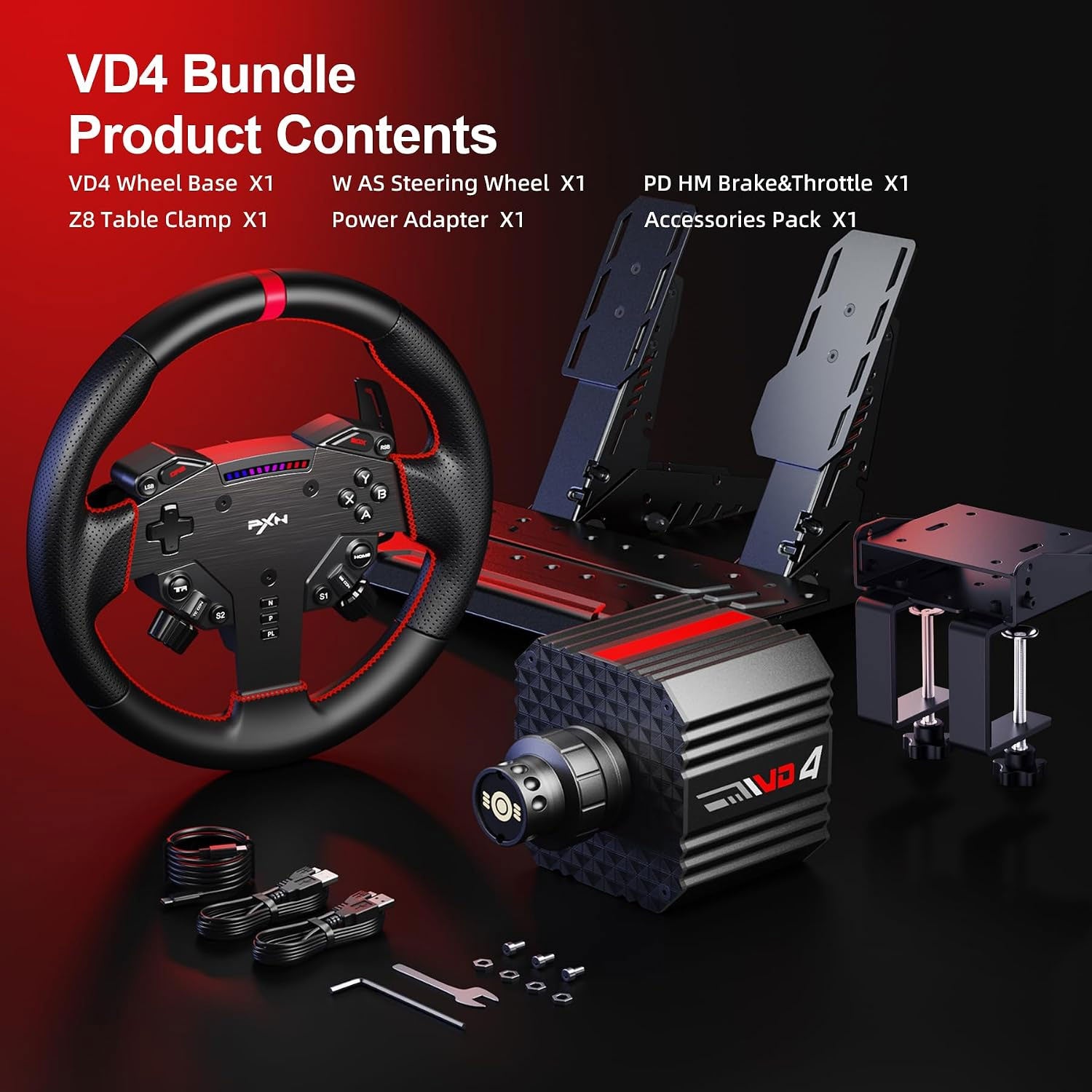 PXN VD4 Wheel Base + AS steering Wheel + PD HM Brake & Throttle + Z8 Mounting Clamps Bundle