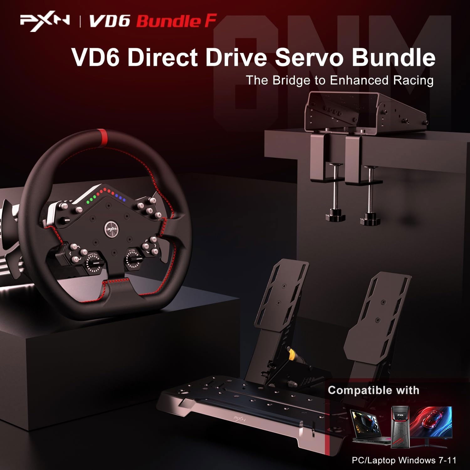 PXN VD6 Wheel Base + W AS Steering Wheel + PD HM Brake & Throttle + Z8 Mounting Clamps Bundle
