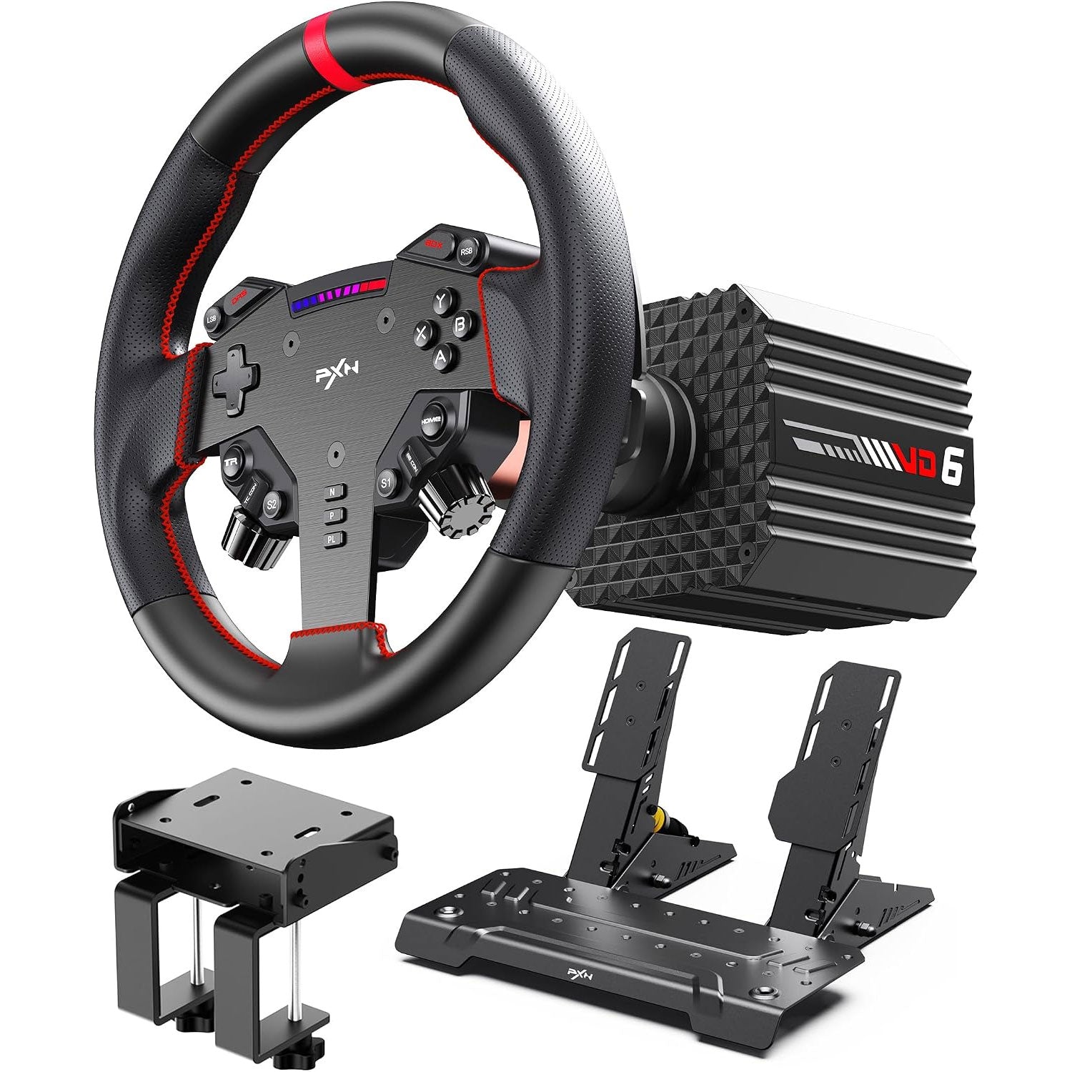 PXN VD6 Wheel Base + W AS Steering Wheel + PD HM Brake & Throttle + Z8 Mounting Clamps Bundle