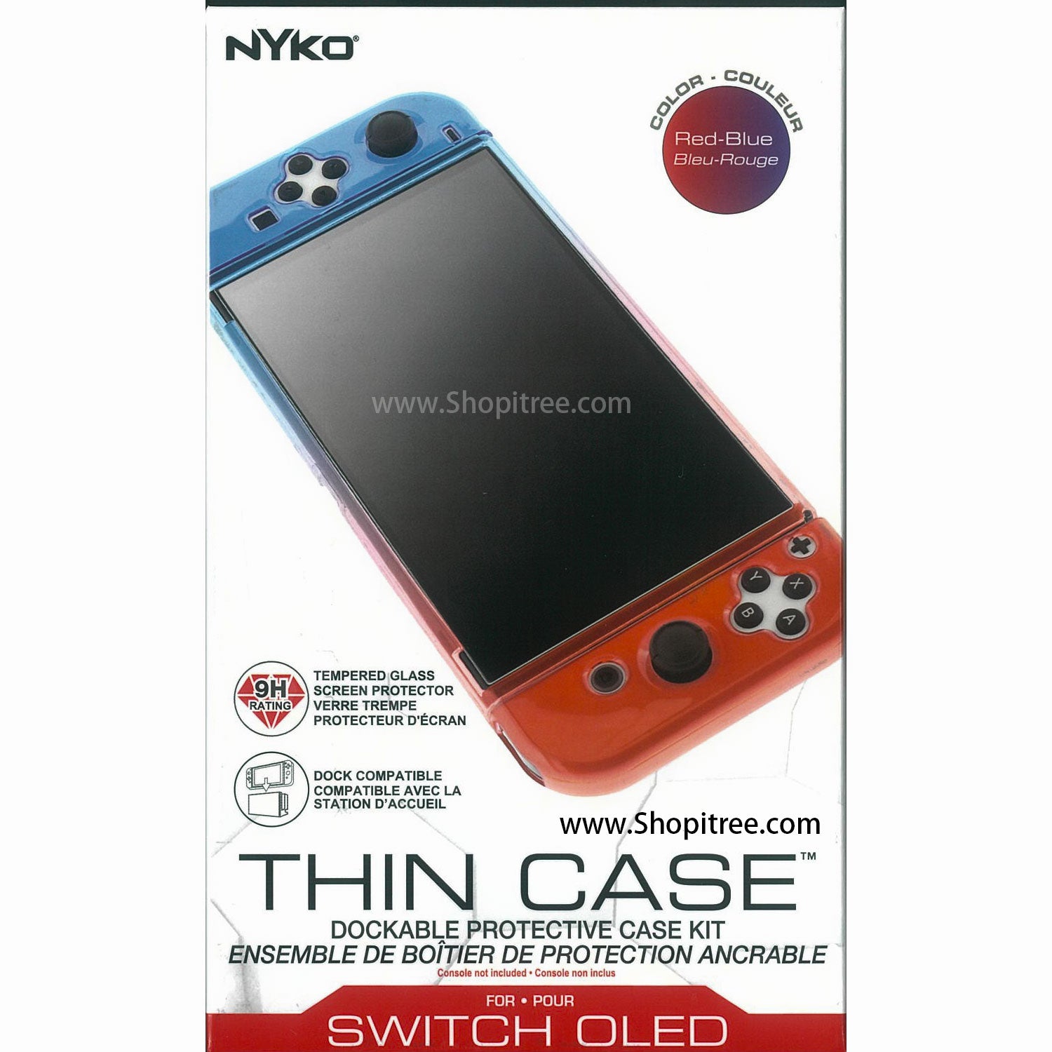 Nyko Thin Case (Neon Blue/Red) +Tempered Glass Screen Protector for Nintendo Switch OLED